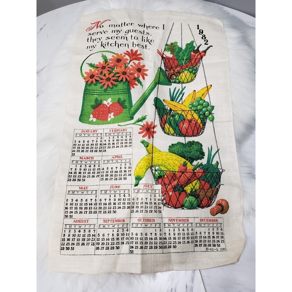 Vintage 1982 Linen Tea Towel Calendar Fruit Garden cottagecore Decor Kitchen 70s